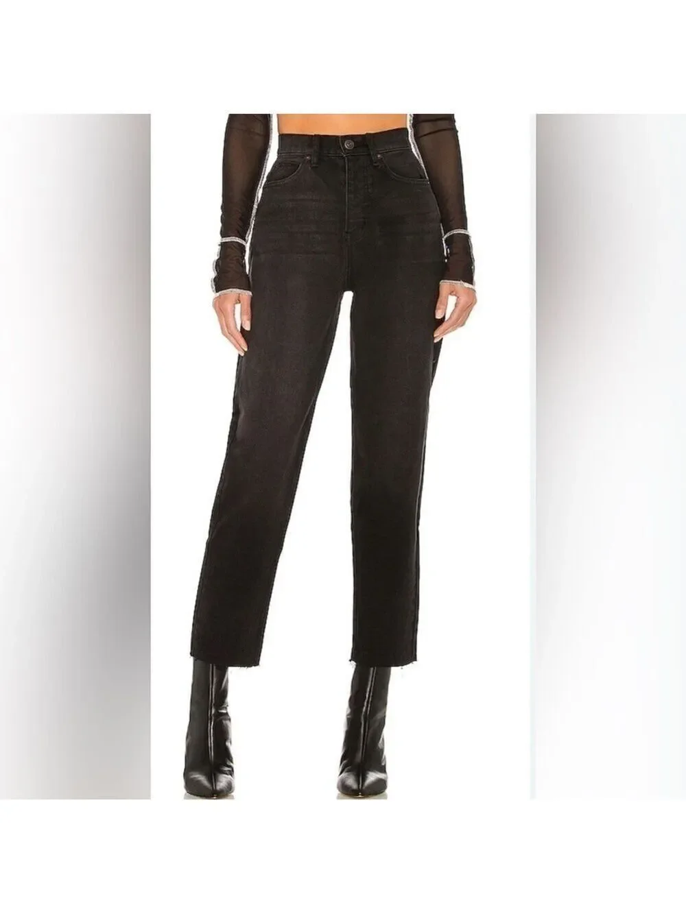 Free People We The Free BoHo Frayed Georgine Mom Jean Curvy Obsidian Black 27